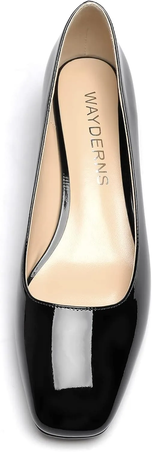 WAYDERNS Women's Square Toe Slip On Patent Chunky Low Heel Pumps Shoes 1.5 Inch