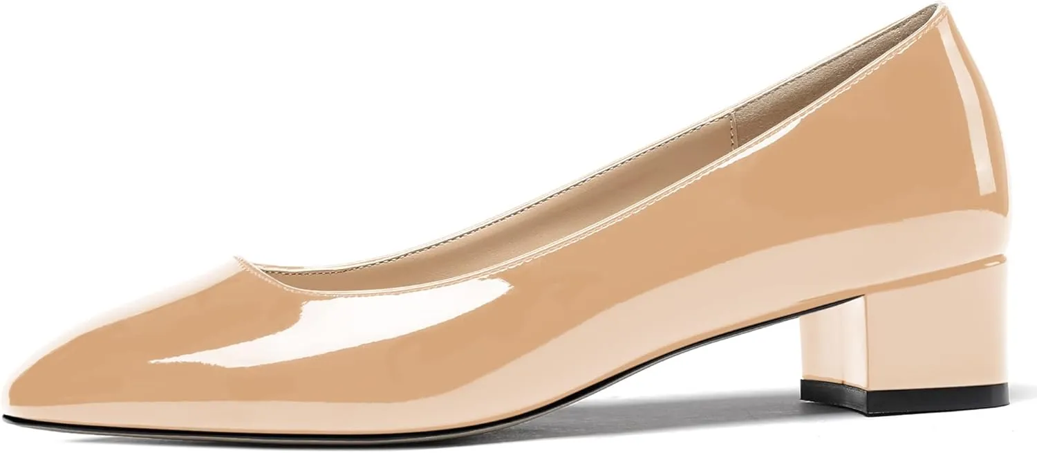 WAYDERNS Women's Square Toe Slip On Patent Chunky Low Heel Pumps Shoes 1.5 Inch