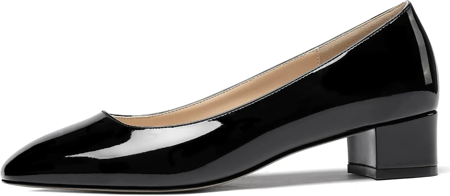 WAYDERNS Women's Square Toe Slip On Patent Chunky Low Heel Pumps Shoes 1.5 Inch