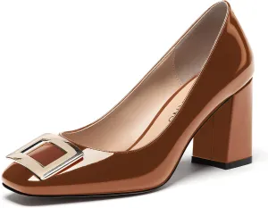 WAYDERNS Women's Square Toe Solid Patent Slip On Block High Heel Pumps Shoes 3 Inch
