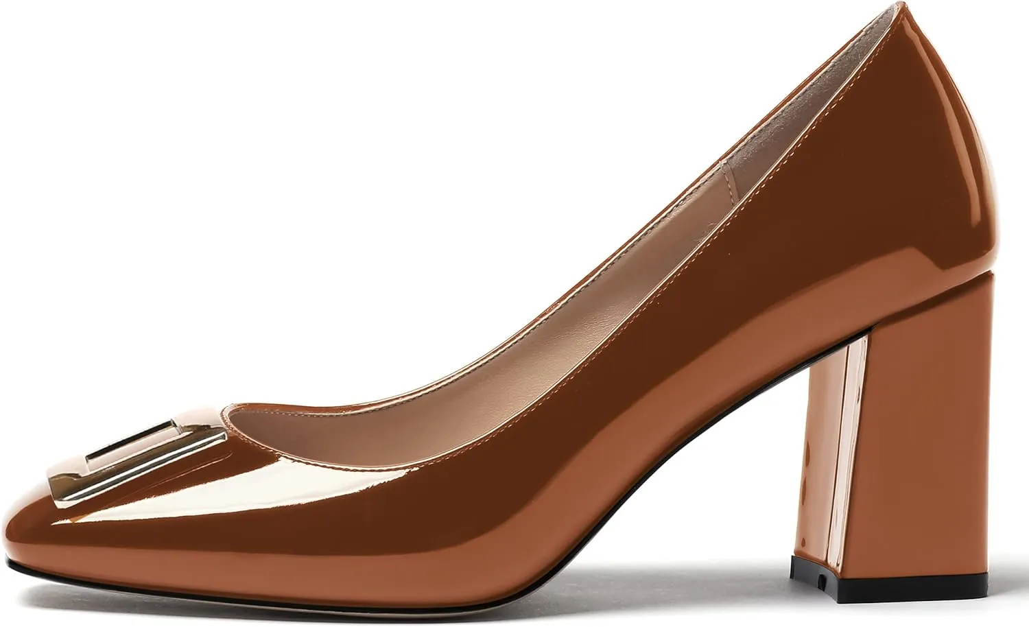 WAYDERNS Women's Square Toe Solid Patent Slip On Block High Heel Pumps Shoes 3 Inch