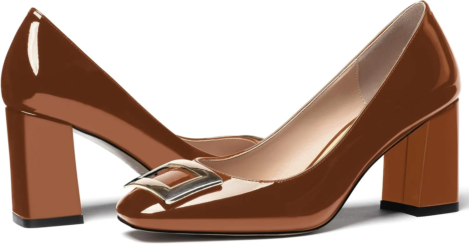 WAYDERNS Women's Square Toe Solid Patent Slip On Block High Heel Pumps Shoes 3 Inch