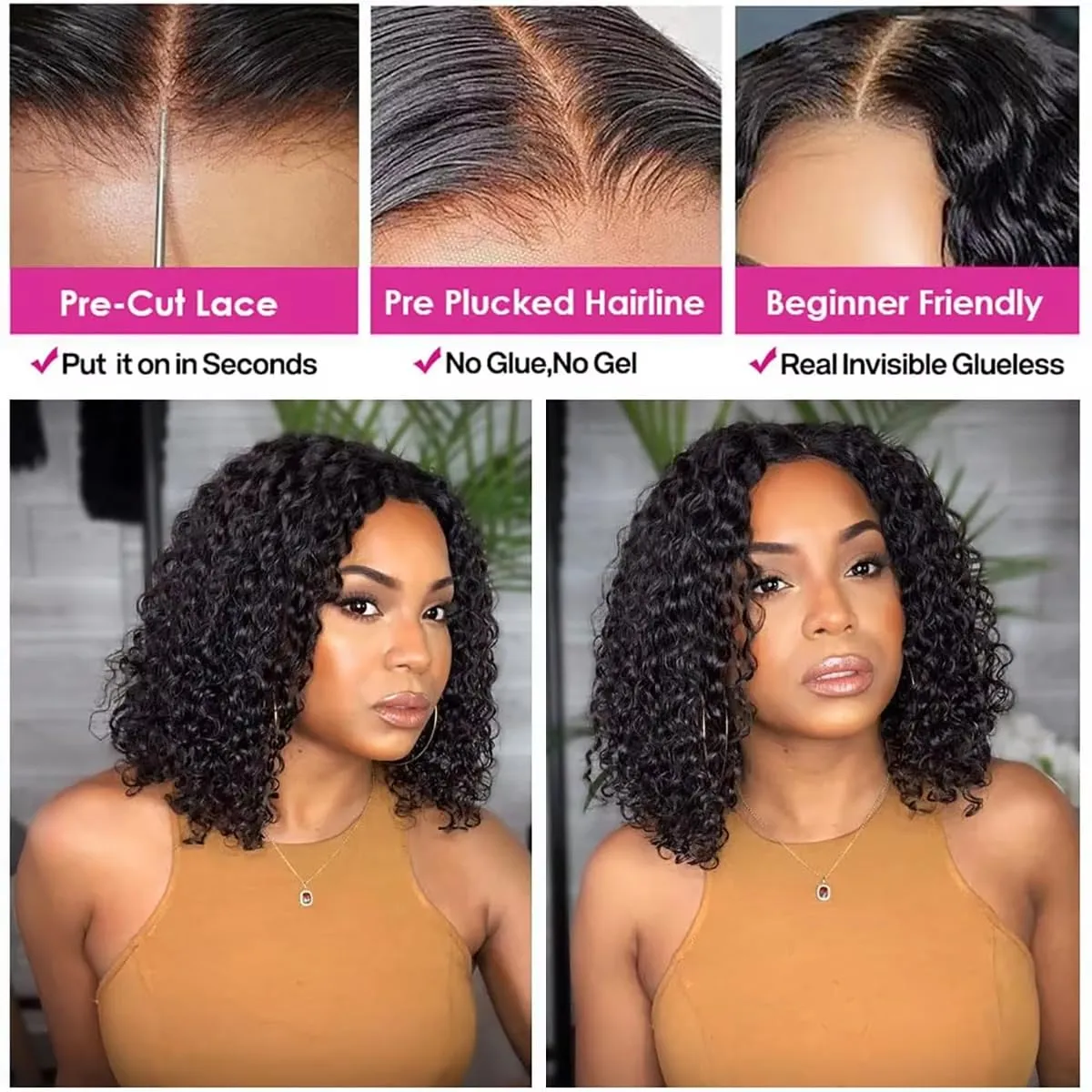 Wear and Go Glueless Wigs Curly Bob Wig Human Hair Pre Plucked Pre Cut Short Curly Human Hair Wig 5x5 Hd Lace Closure Deep Curly Wig for Beginners Natural Black 14 inch