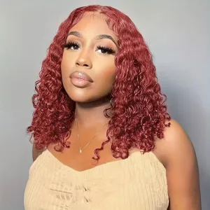 Wear and Go Glueless Wigs Human Hair Pre Plucked Pre Cut Reddish Brown Curly Bob Lace Closure Wigs 4x4 HD Lace Closure Wigs Human Hair For Black Women Deep Wave Lace Front Wig 14 Inch