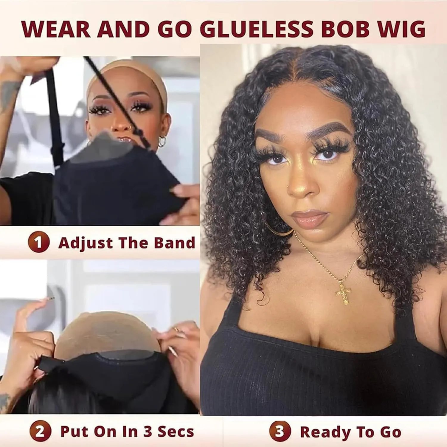 Wear and Go Glueless Wigs Human Hair Pre Plucked Pre Cut Reddish Brown Curly Bob Lace Closure Wigs 4x4 HD Lace Closure Wigs Human Hair For Black Women Deep Wave Lace Front Wig 14 Inch