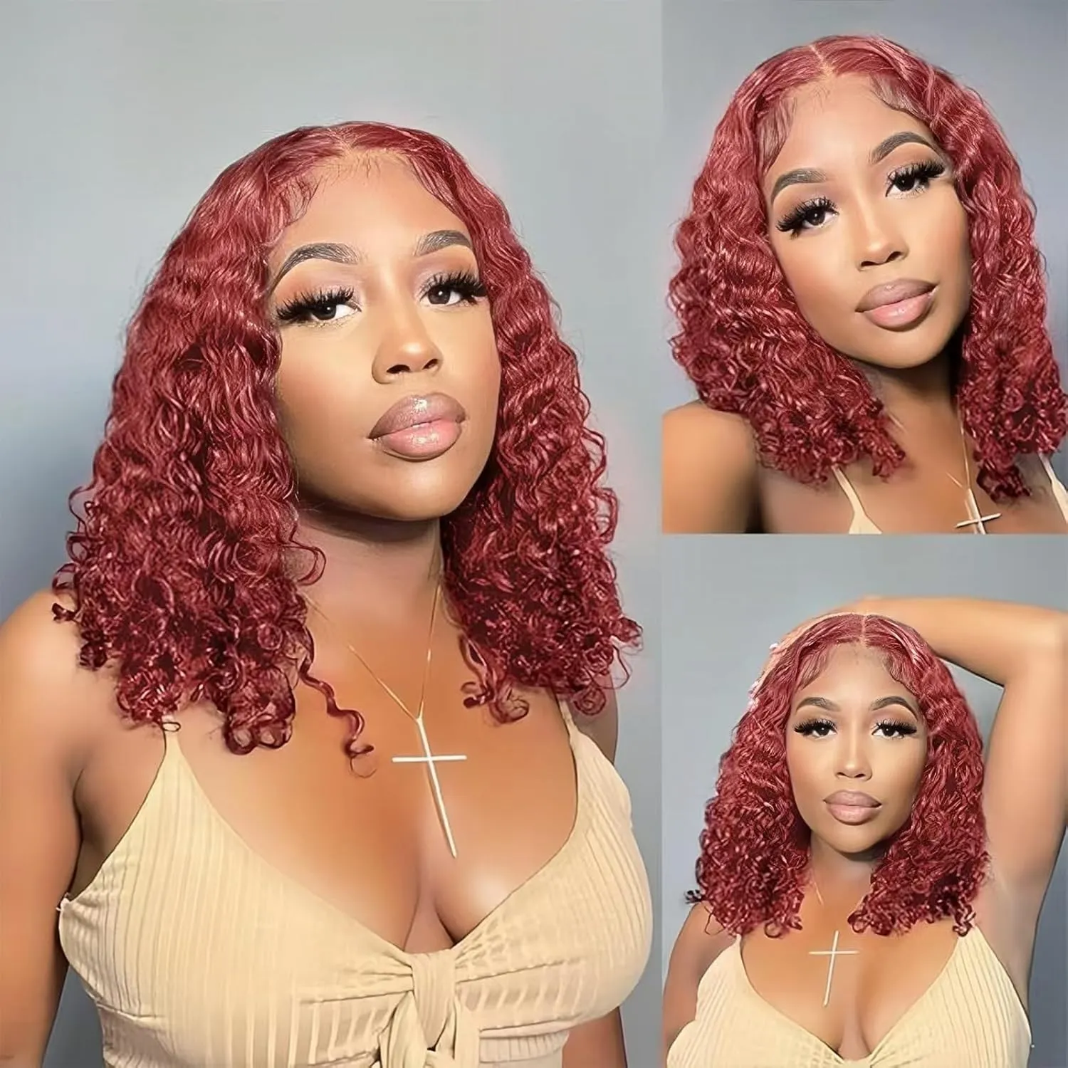 Wear and Go Glueless Wigs Human Hair Pre Plucked Pre Cut Reddish Brown Curly Bob Lace Closure Wigs 4x4 HD Lace Closure Wigs Human Hair For Black Women Deep Wave Lace Front Wig 14 Inch