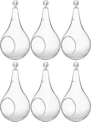 WGV Glass Hanging Plant Terrarium Bulk, Width 4.75", Height 9.5", Teardrop Pear DIY Air Succulent Planter Clear Tea Light Votive Candle Holder, Wedding Event Office Home Outdoor Decor, 6 Pieces