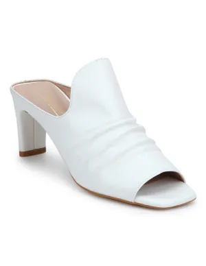 White PU Slip-on Slim Block Heels