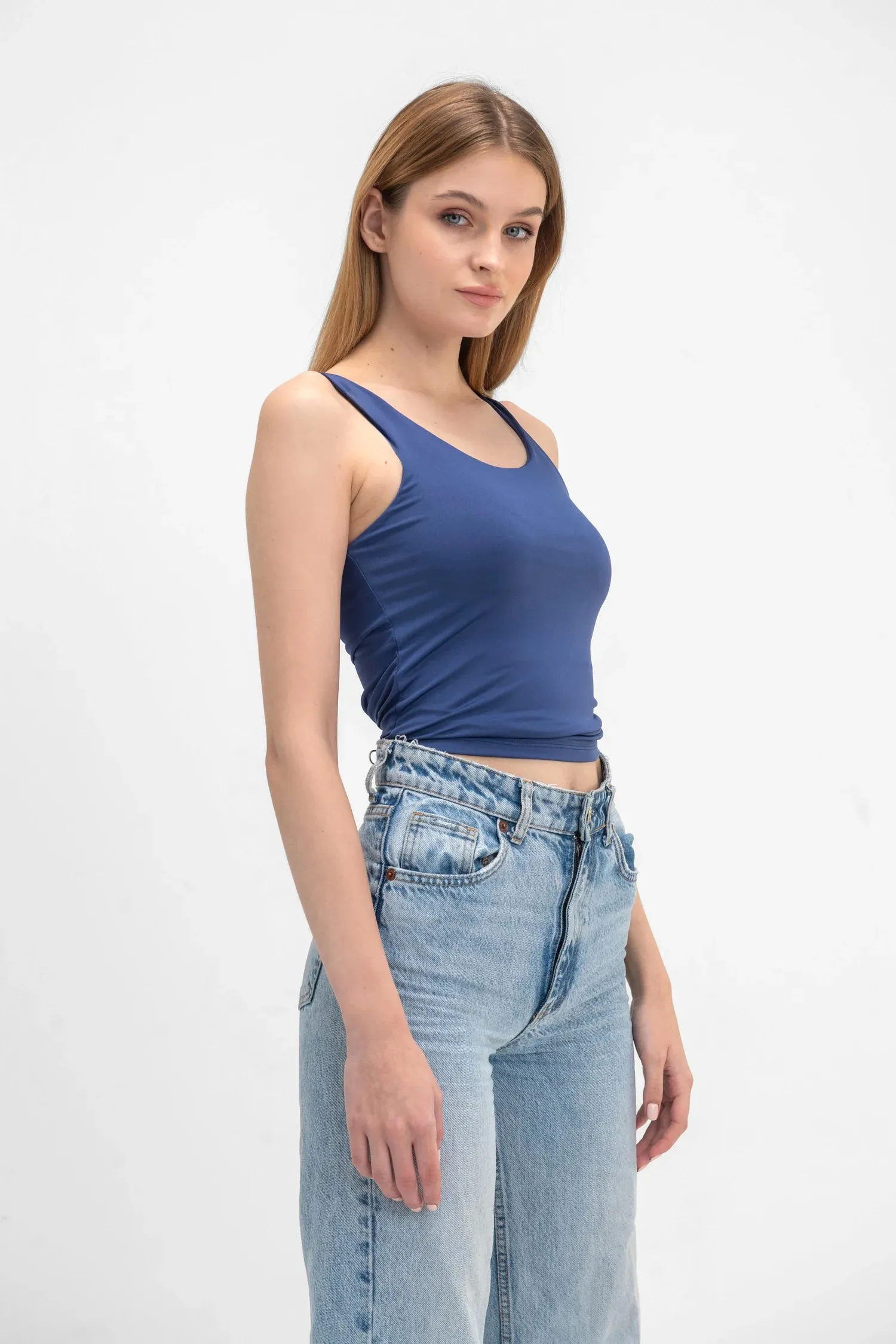 Wide Neck Tank Top - Navy