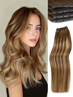 WIGNEE 100% Remy Double Weft Invisible PU OVO Human Hair Extensions 16 Inch Micro Beads Real Human Hair Extensions T4/27 Highlight Honey Blonde Genius Weft Hair Extensions Human Hair