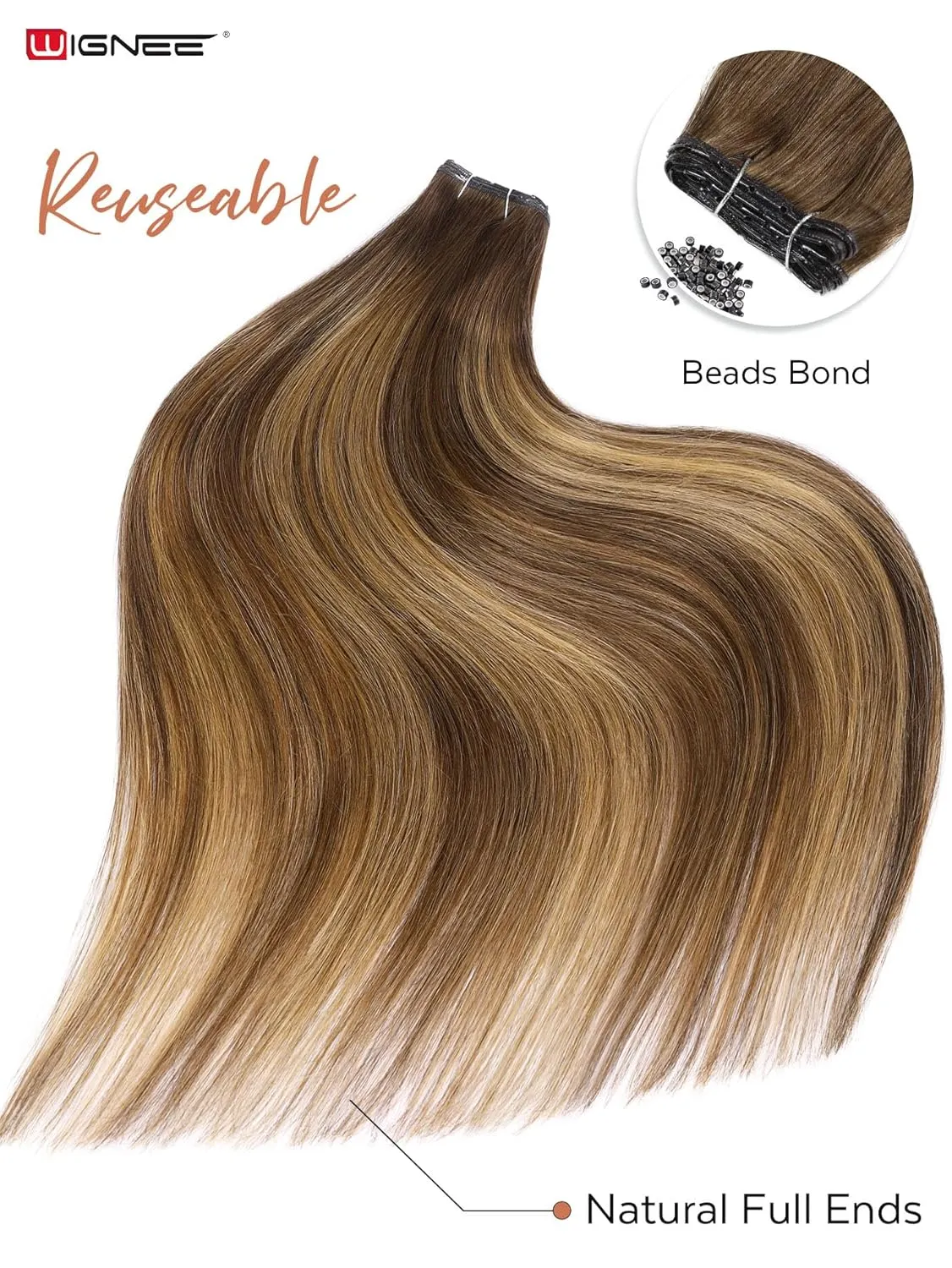 WIGNEE 100% Remy Double Weft Invisible PU OVO Human Hair Extensions 16 Inch Micro Beads Real Human Hair Extensions T4/27 Highlight Honey Blonde Genius Weft Hair Extensions Human Hair