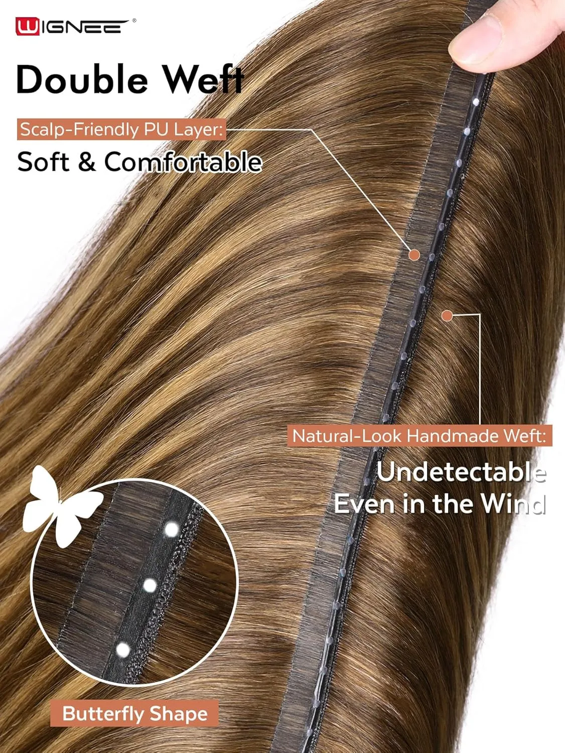 WIGNEE 100% Remy Double Weft Invisible PU OVO Human Hair Extensions 16 Inch Micro Beads Real Human Hair Extensions T4/27 Highlight Honey Blonde Genius Weft Hair Extensions Human Hair