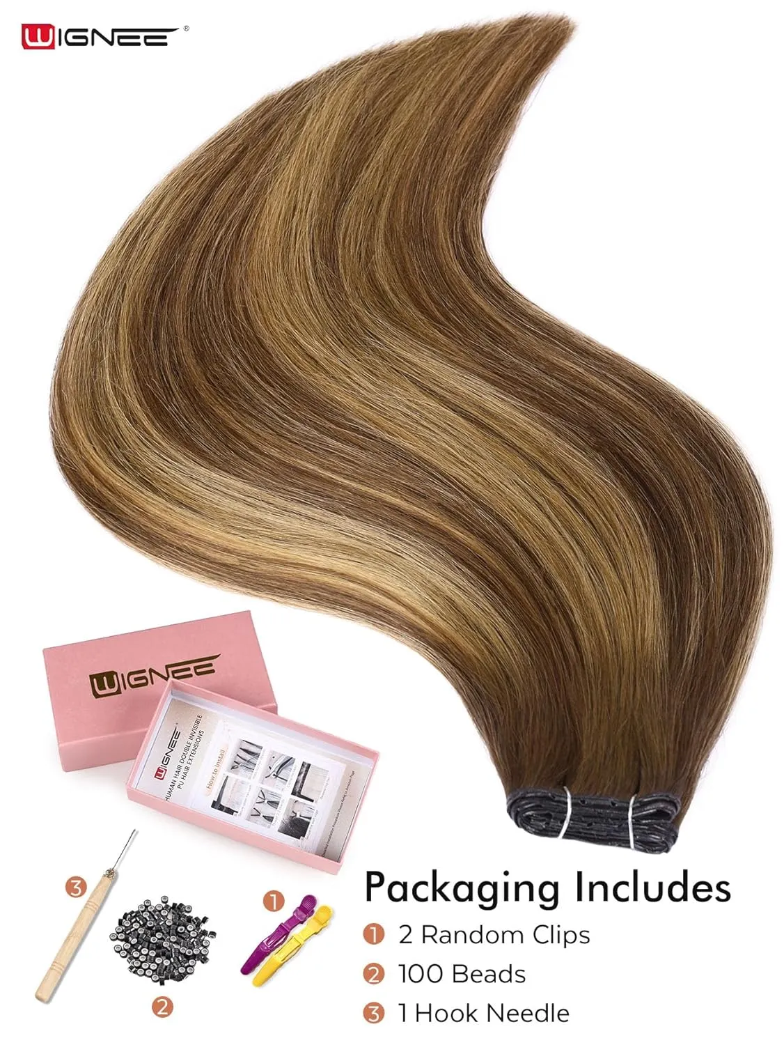 WIGNEE 100% Remy Double Weft Invisible PU OVO Human Hair Extensions 16 Inch Micro Beads Real Human Hair Extensions T4/27 Highlight Honey Blonde Genius Weft Hair Extensions Human Hair