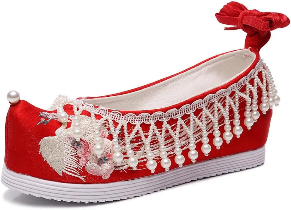 Women Cotton Fabric Embroidered Flat Platforms With Pearls Pendants Vintage Chinese Style Red Wedding Bridal Shoes