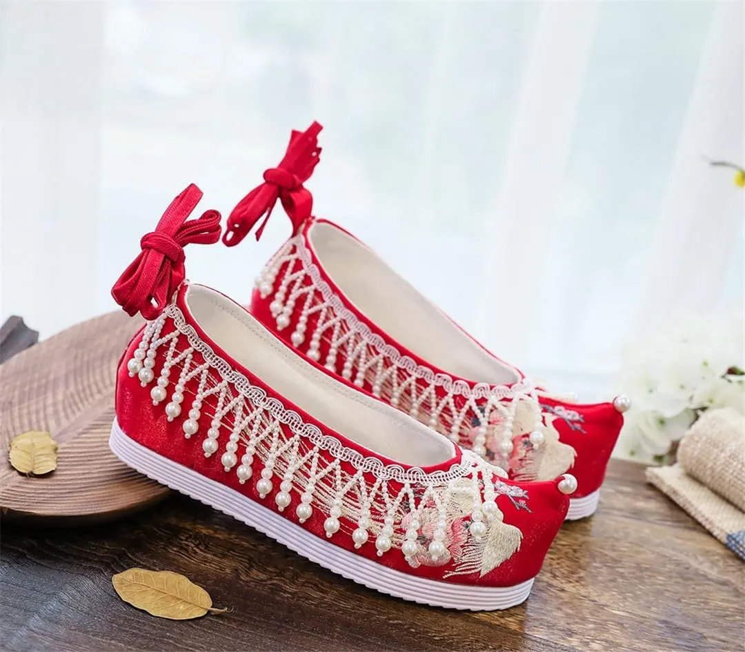 Women Cotton Fabric Embroidered Flat Platforms With Pearls Pendants Vintage Chinese Style Red Wedding Bridal Shoes