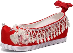 Women Cotton Fabric Embroidered Flat Platforms With Pearls Pendants Vintage Chinese Style Red Wedding Bridal Shoes