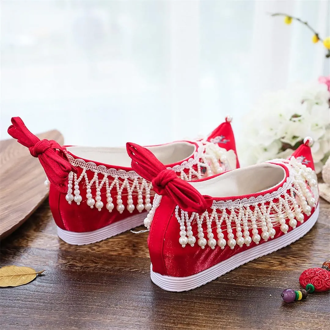 Women Cotton Fabric Embroidered Flat Platforms With Pearls Pendants Vintage Chinese Style Red Wedding Bridal Shoes