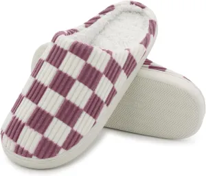 Women House Fuzzy Slippers - Plaid Scuff Checkered Slip-on Memory Foam Indoor Outdoor Comfortable Soft Slides