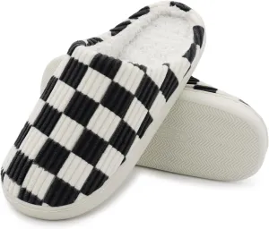 Women House Fuzzy Slippers - Plaid Scuff Checkered Slip-on Memory Foam Indoor Outdoor Comfortable Soft Slides