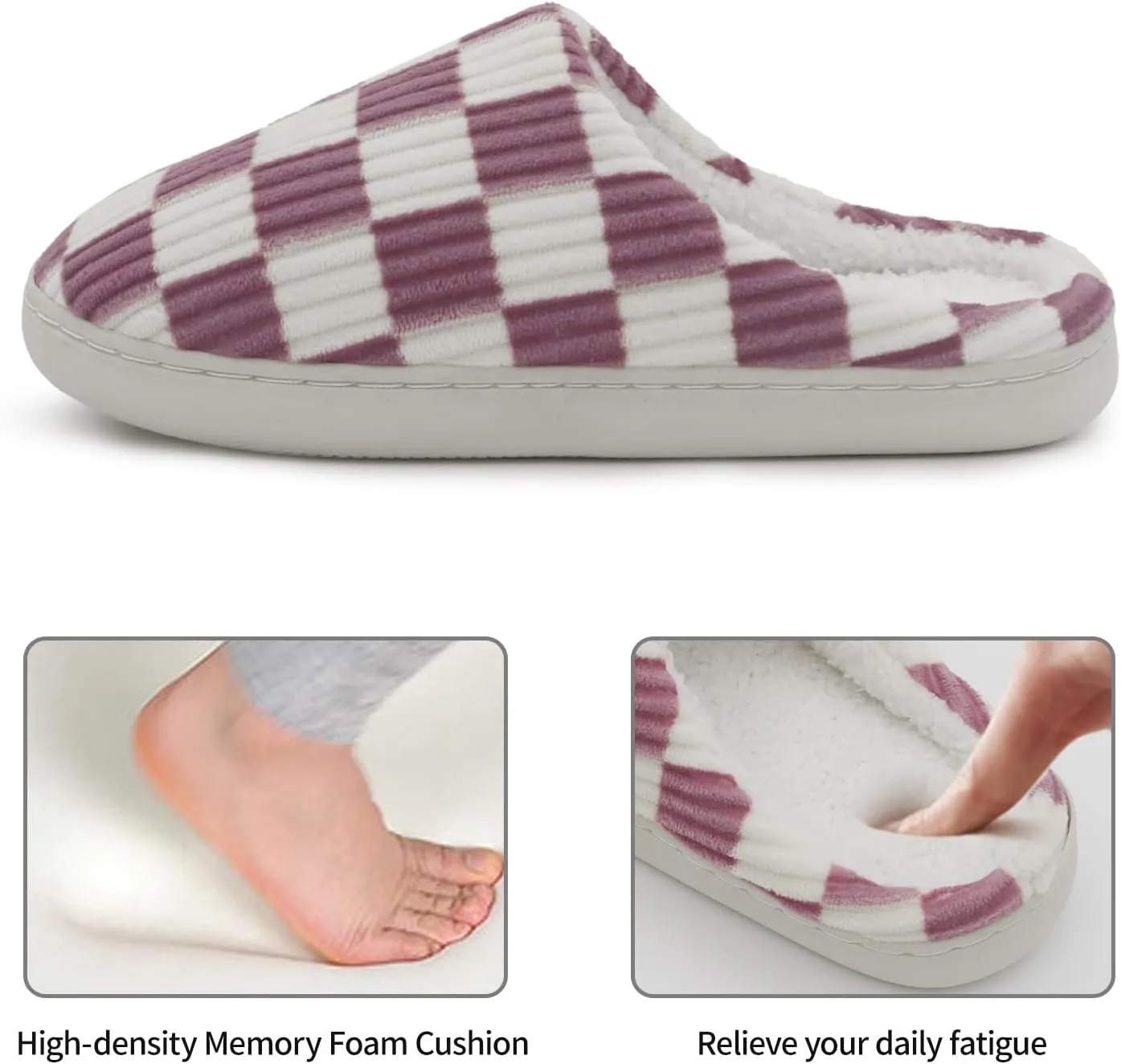 Women House Fuzzy Slippers - Plaid Scuff Checkered Slip-on Memory Foam Indoor Outdoor Comfortable Soft Slides