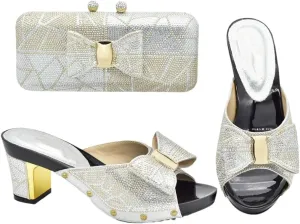 Women Luxe Rhinestone Slingback Pumps with Matching Bag Square Heel Slip-On Super High Heel