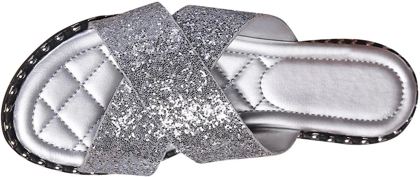 Women PU Sparkly Summer Slipper Cross Thick Strappy Casual Sandals Open Toe Solid Vacation Slide Lounge Slip on Shoe