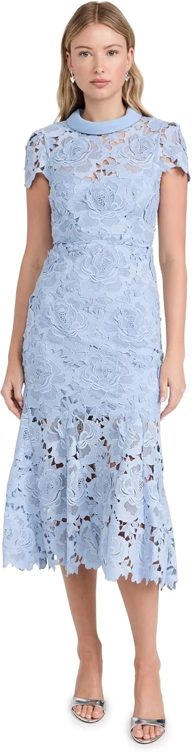 Women's Blue Flower Lace Contrast Collar Midi Dress