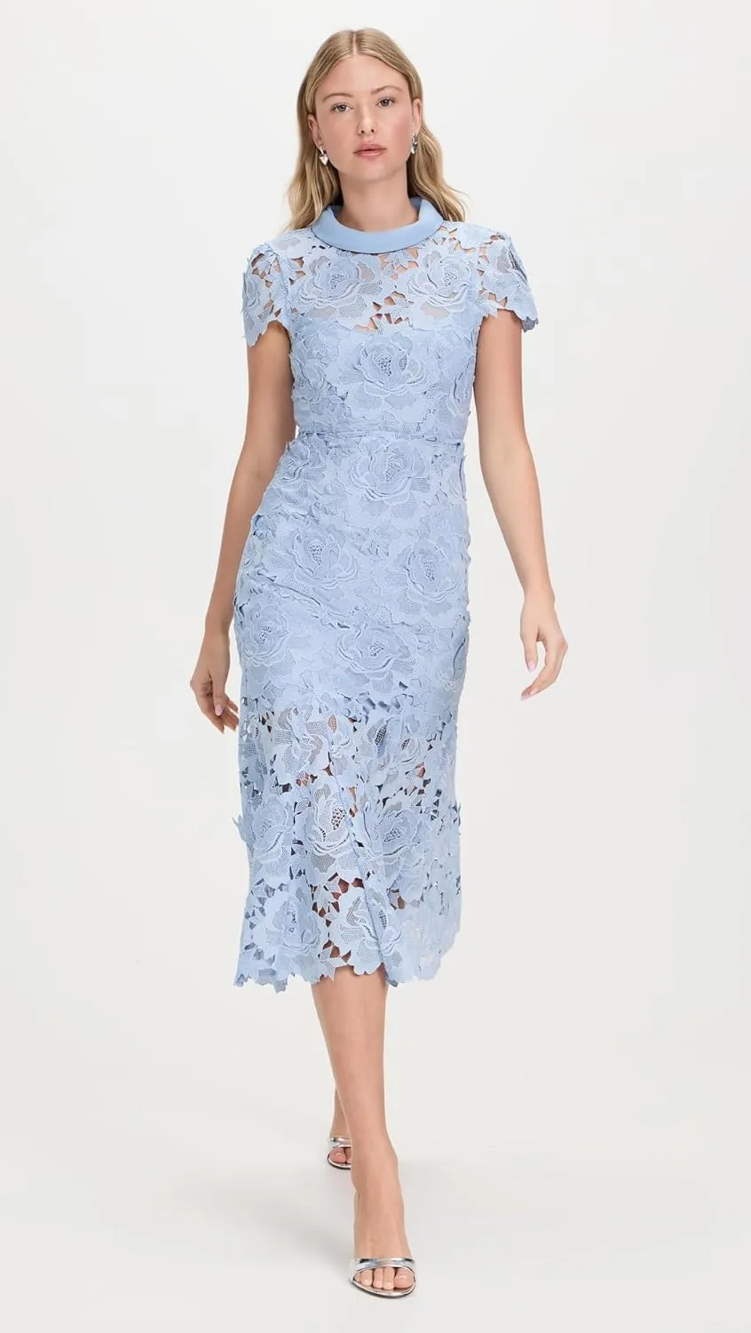 Women's Blue Flower Lace Contrast Collar Midi Dress