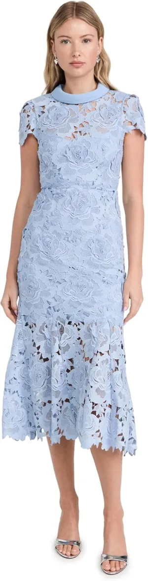 Women's Blue Flower Lace Contrast Collar Midi Dress