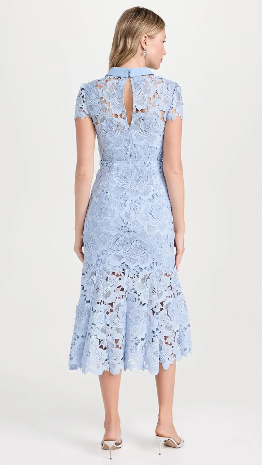 Women's Blue Flower Lace Contrast Collar Midi Dress