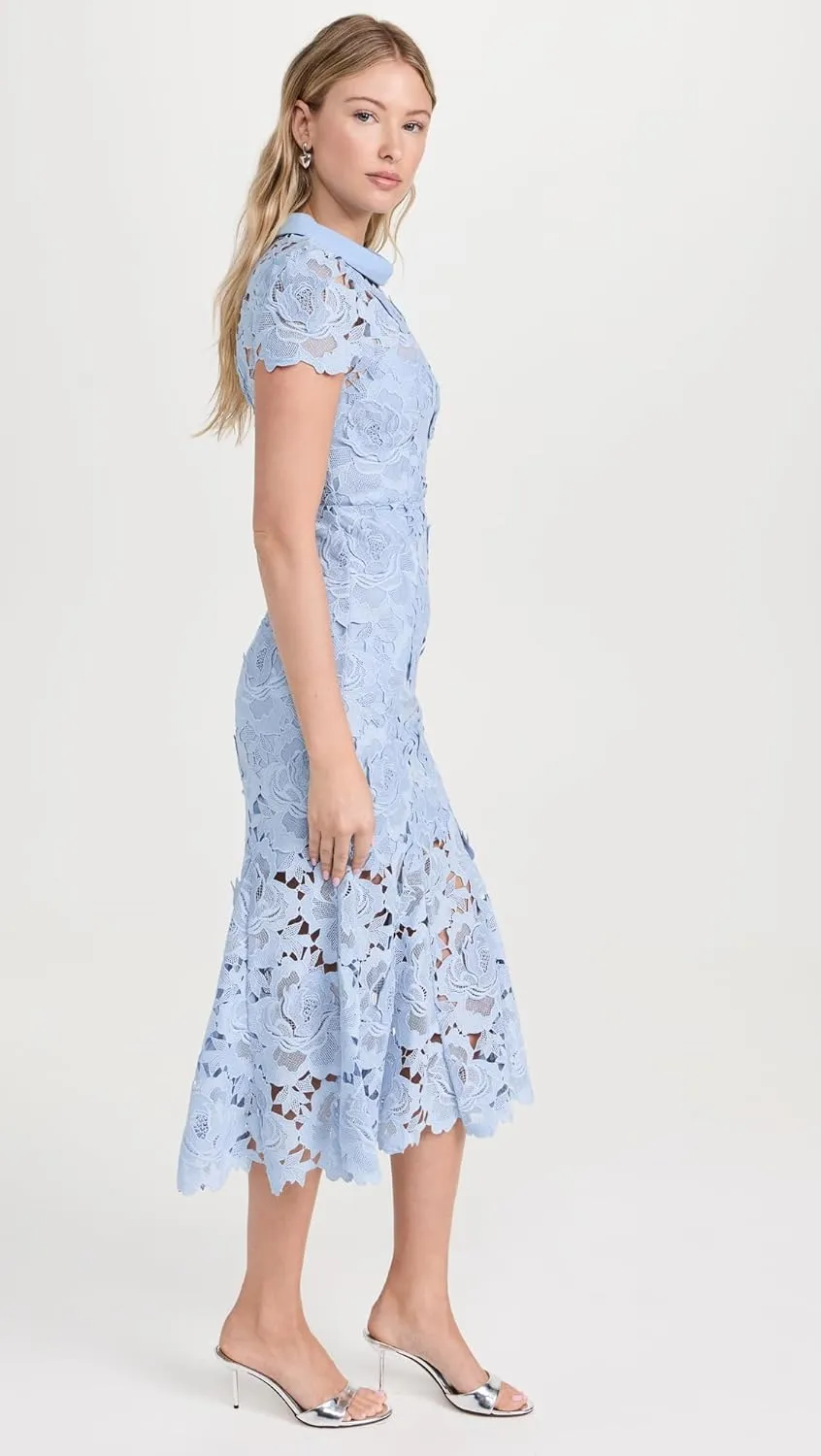 Women's Blue Flower Lace Contrast Collar Midi Dress
