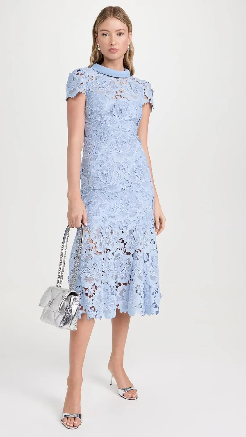 Women's Blue Flower Lace Contrast Collar Midi Dress