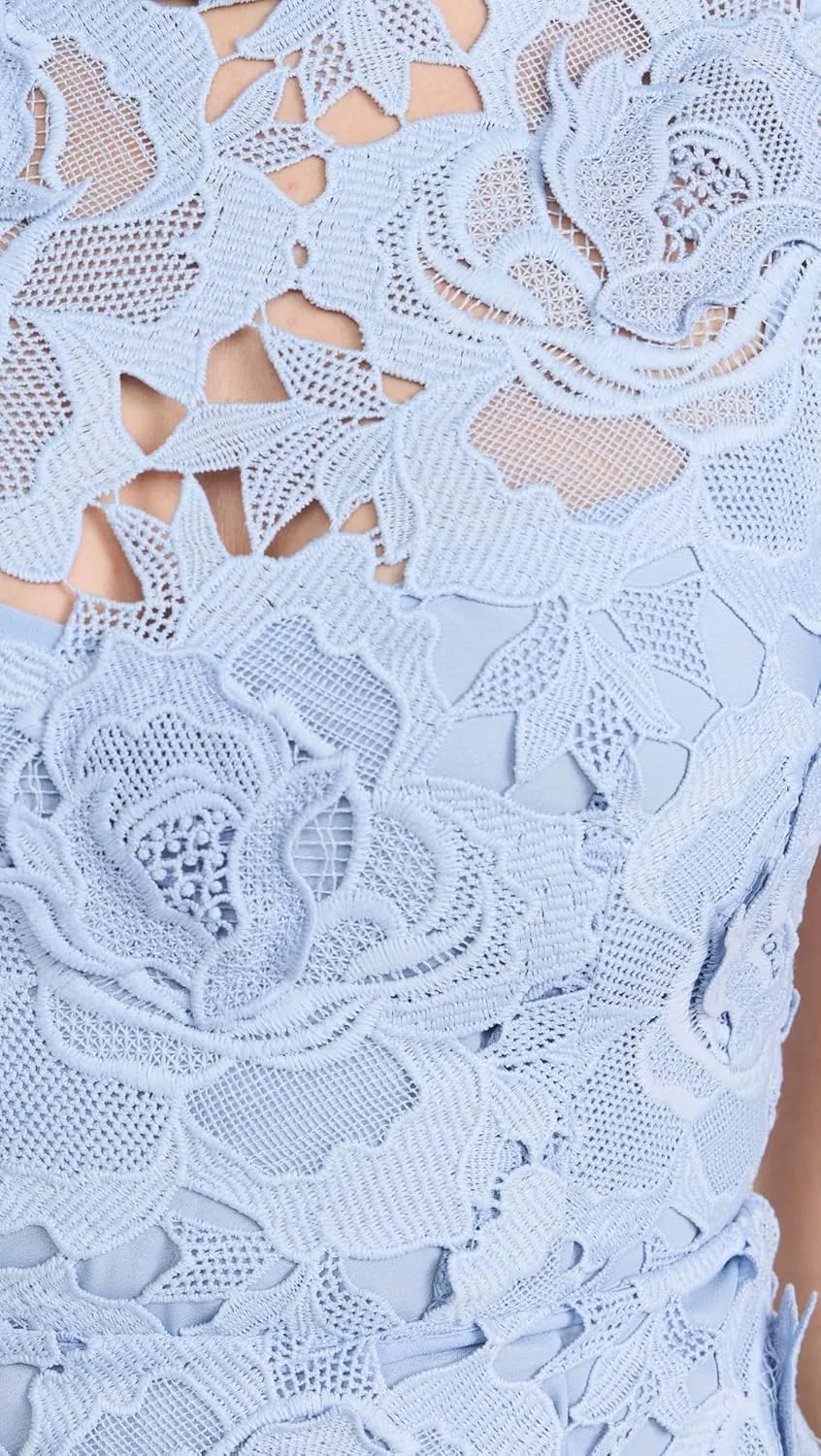 Women's Blue Flower Lace Contrast Collar Midi Dress