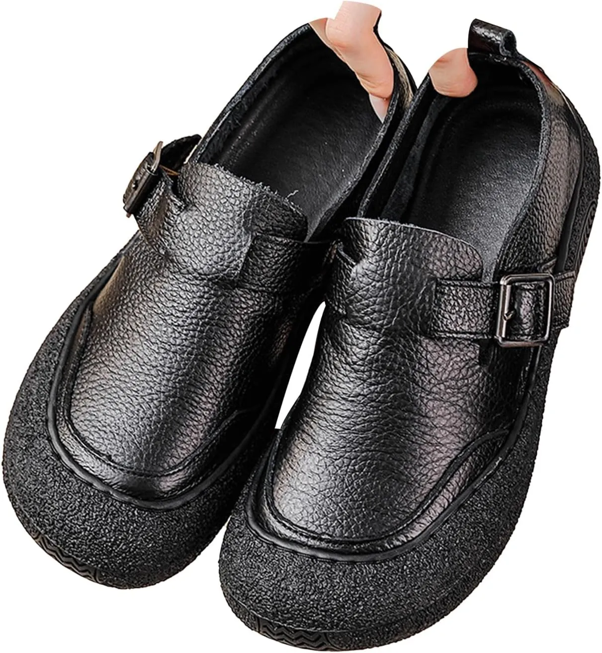 Women's Casual Cap Toe Leather Shoes,Vintage Comfortable Non-Slip Soft Sole Buckle Slip on Dress Flat Walking Loafers