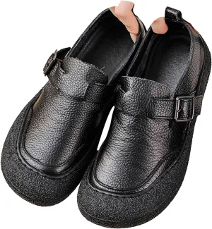 Women's Casual Cap Toe Leather Shoes,Vintage Comfortable Non-Slip Soft Sole Buckle Slip on Dress Flat Walking Loafers