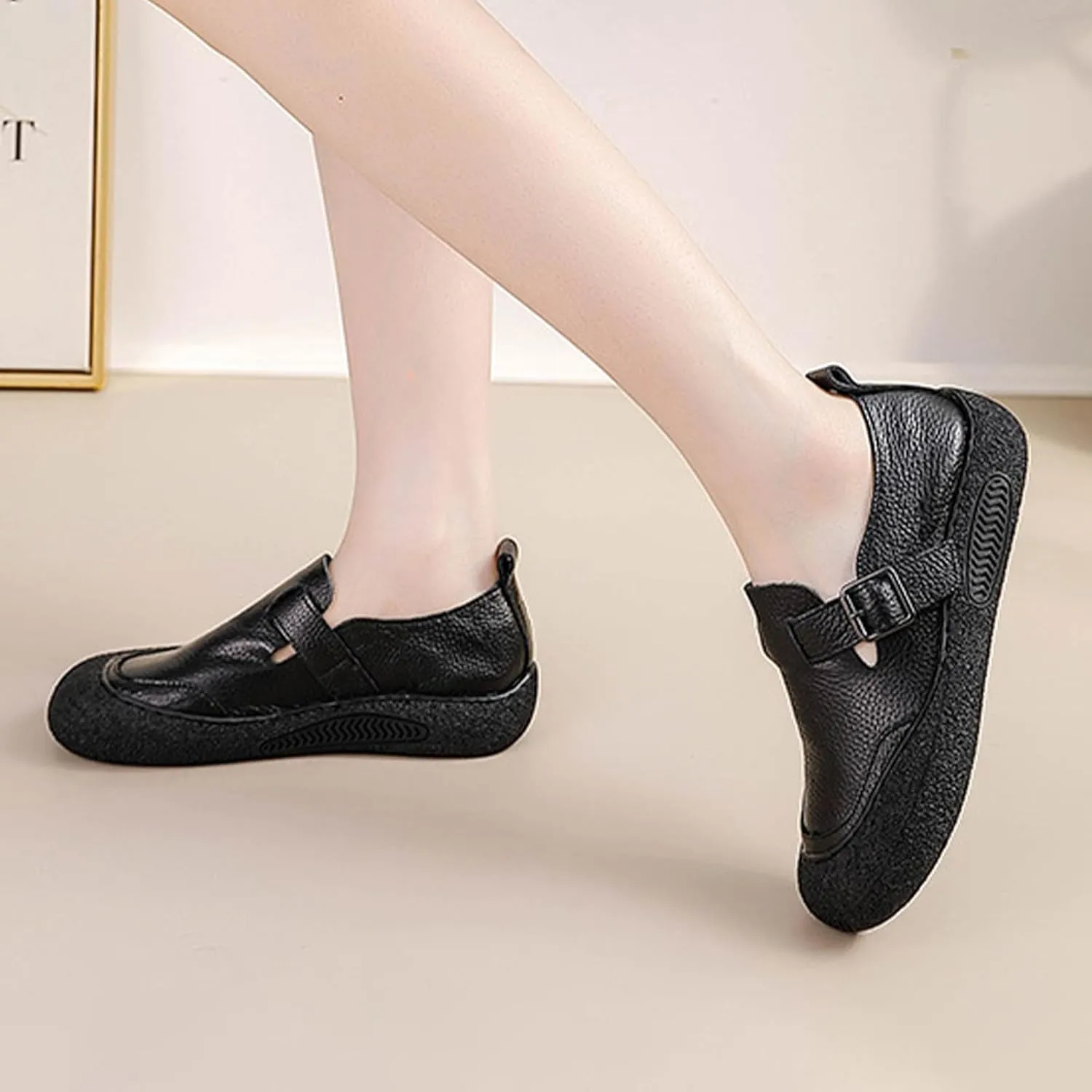 Women's Casual Cap Toe Leather Shoes,Vintage Comfortable Non-Slip Soft Sole Buckle Slip on Dress Flat Walking Loafers