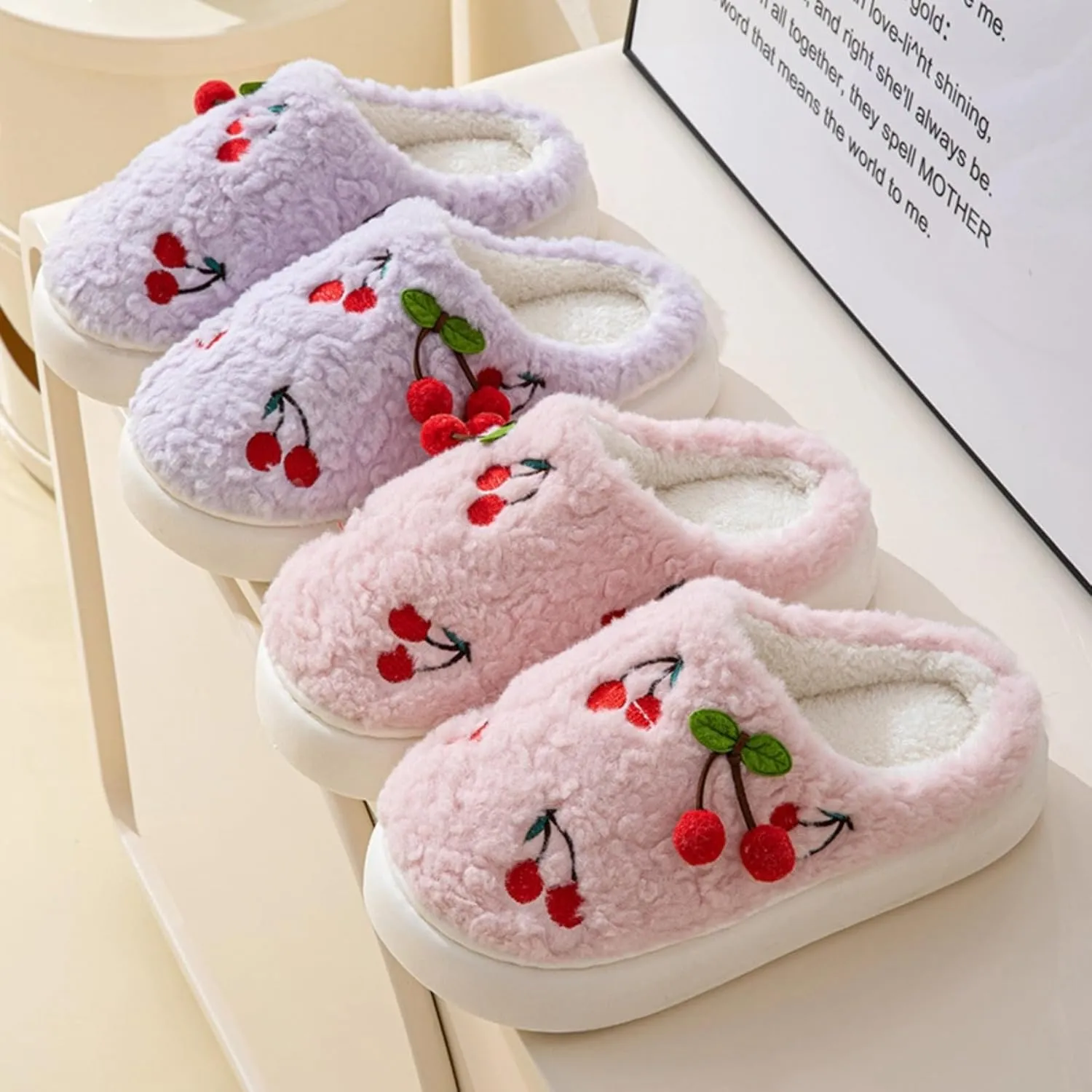 Women's Cherry Slippers Cozy Winter Warm Fuzzy Slippers with Non-Slip Sole Cute Indoor Home Slip On Plush Bedroom House Shoes Gifts