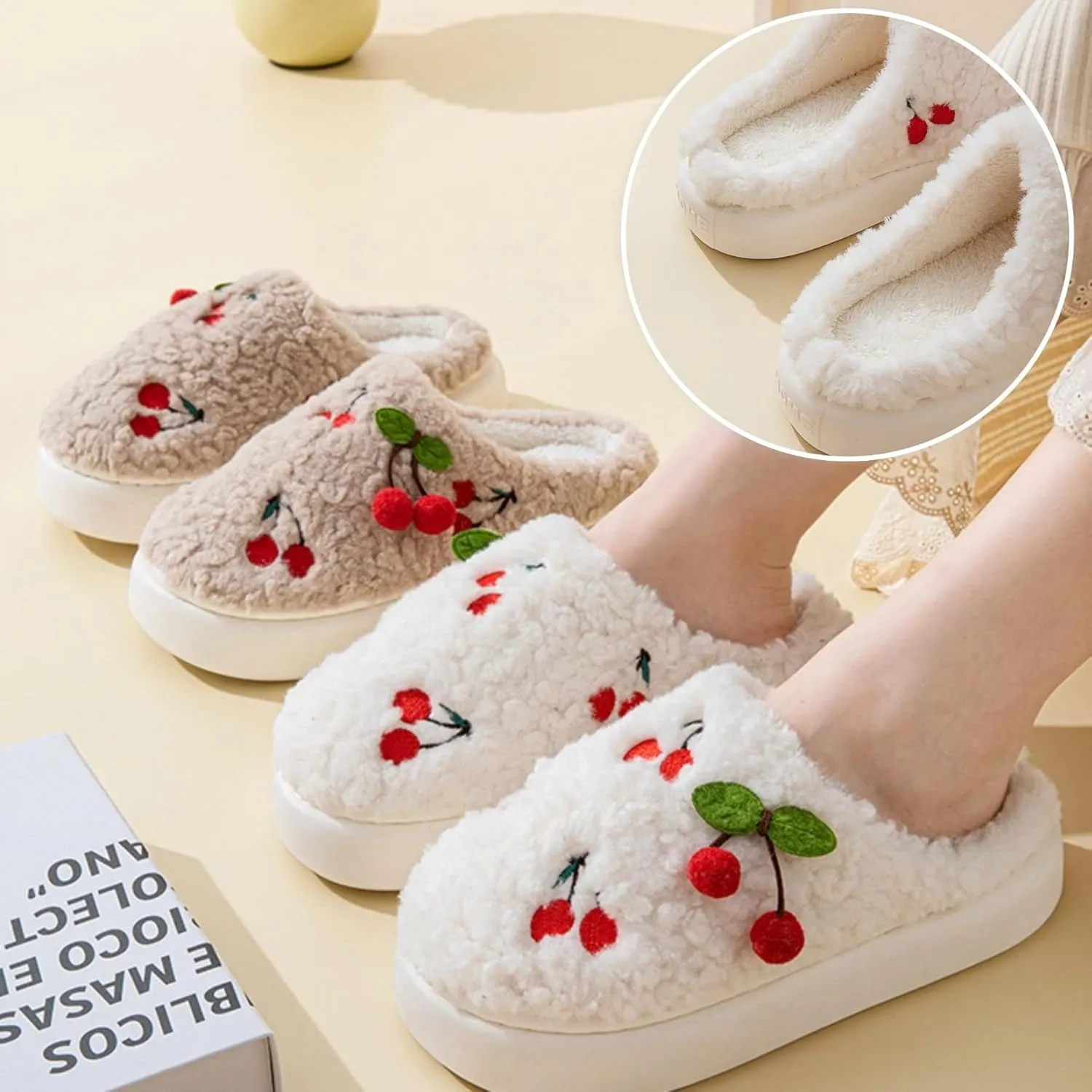 Women's Cherry Slippers Cozy Winter Warm Fuzzy Slippers with Non-Slip Sole Cute Indoor Home Slip On Plush Bedroom House Shoes Gifts