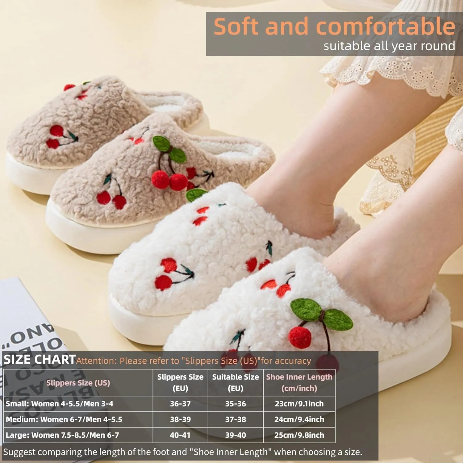Women's Cherry Slippers Cozy Winter Warm Fuzzy Slippers with Non-Slip Sole Cute Indoor Home Slip On Plush Bedroom House Shoes Gifts