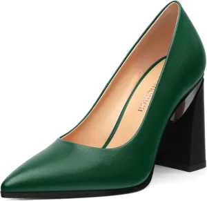 Women's Chunck Block High Heels Closed Pointed Toe Slip On Pumps Evening Wedding Party Office Work Shoes 3.5 Inch