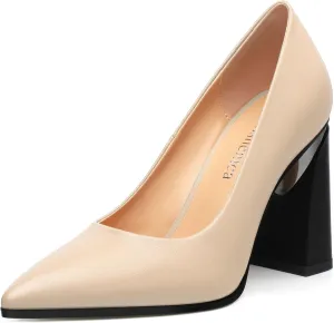 Women's Chunck Block High Heels Closed Pointed Toe Slip On Pumps Evening Wedding Party Office Work Shoes 3.5 Inch