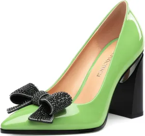 Womens Chunky Block High Heels Patent Closed Pointed Toe Bow Pumps Slip on Heels Wedding Party Dress Shoes 3.5IN