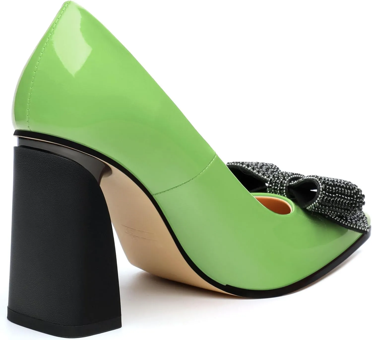 Womens Chunky Block High Heels Patent Closed Pointed Toe Bow Pumps Slip on Heels Wedding Party Dress Shoes 3.5IN