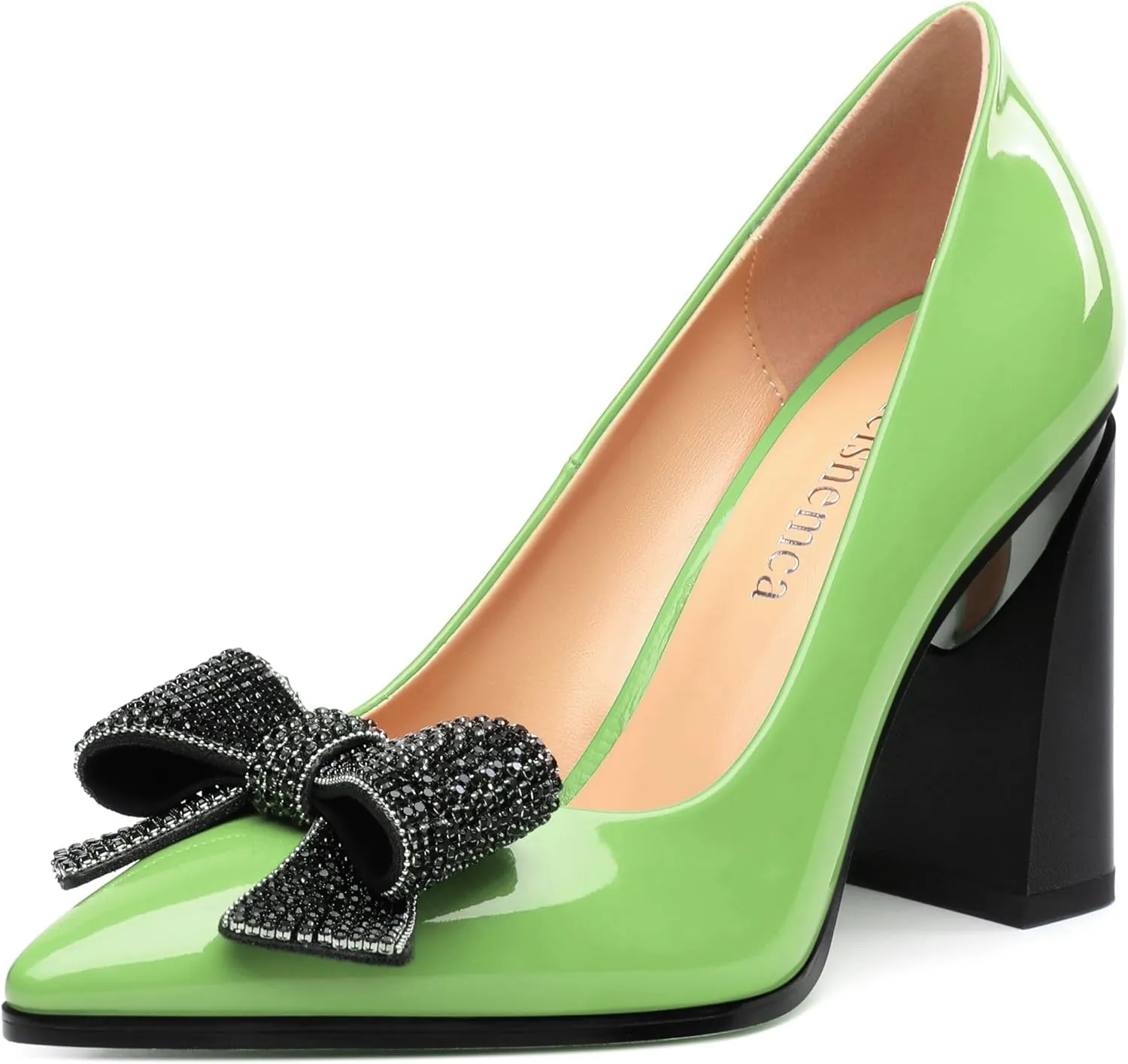 Womens Chunky Block High Heels Patent Closed Pointed Toe Bow Pumps Slip on Heels Wedding Party Dress Shoes 3.5IN
