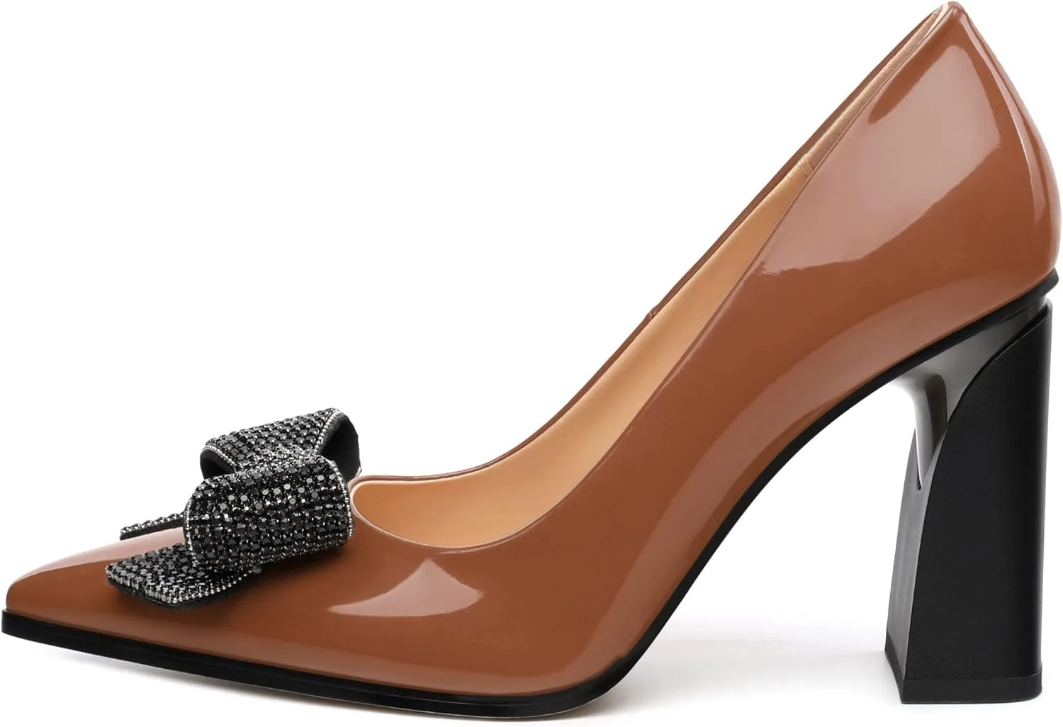 Womens Chunky Block High Heels Patent Closed Pointed Toe Bow Pumps Slip on Heels Wedding Party Dress Shoes 3.5IN