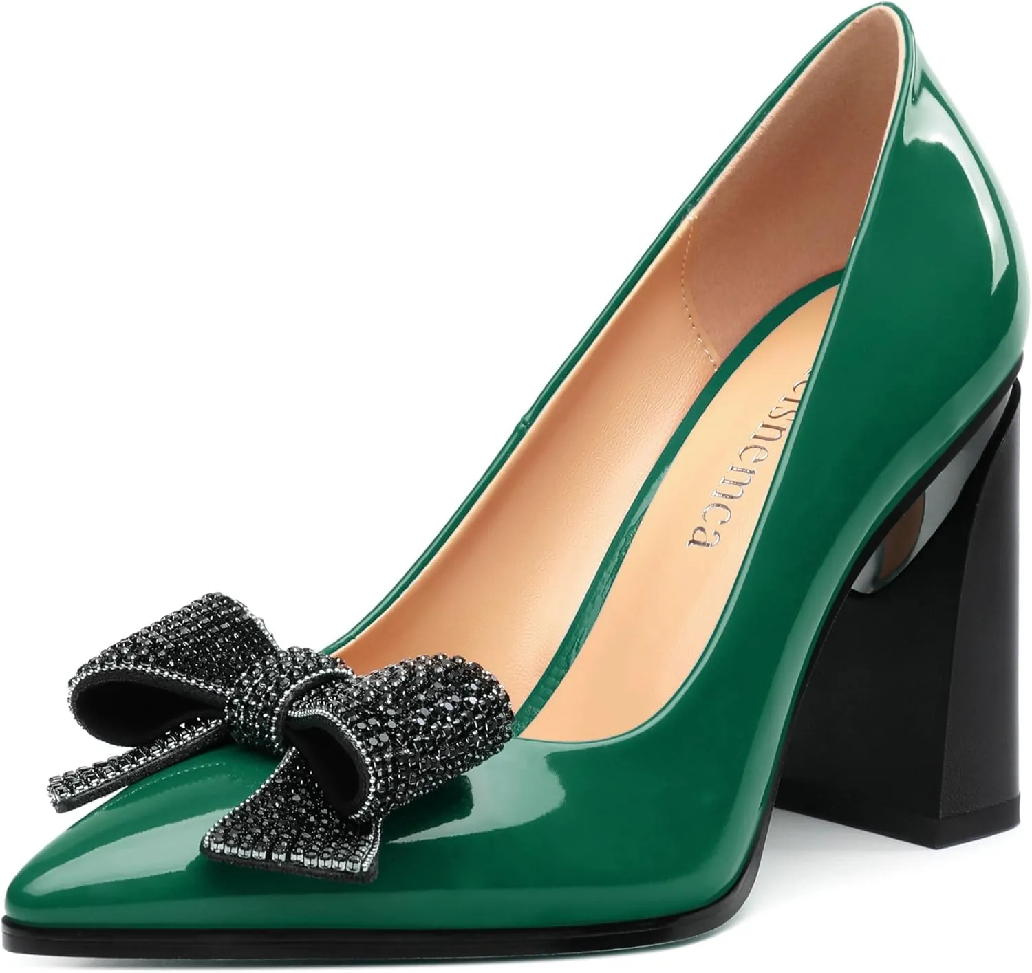 Womens Chunky Block High Heels Patent Closed Pointed Toe Bow Pumps Slip on Heels Wedding Party Dress Shoes 3.5IN