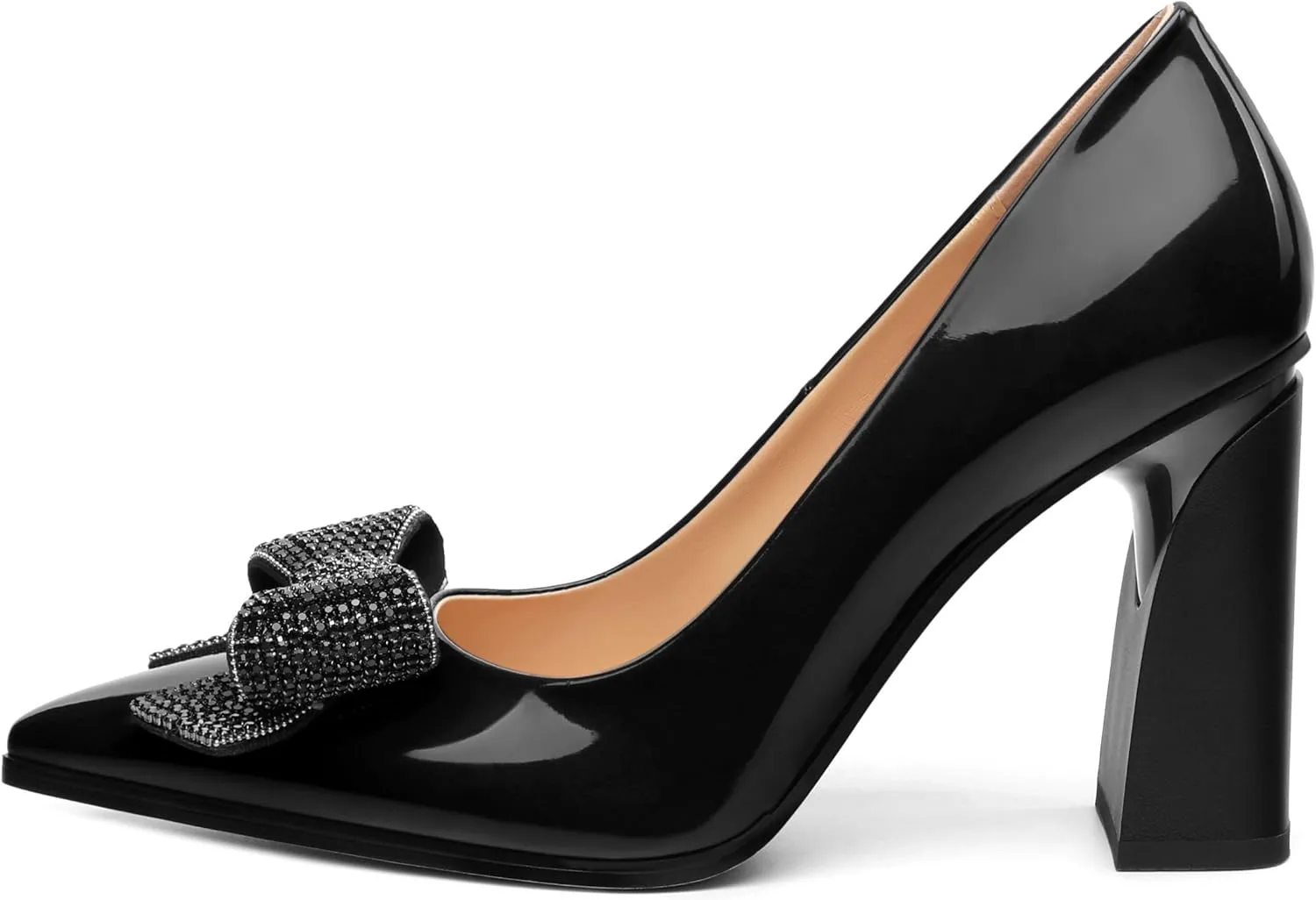 Womens Chunky Block High Heels Patent Closed Pointed Toe Bow Pumps Slip on Heels Wedding Party Dress Shoes 3.5IN