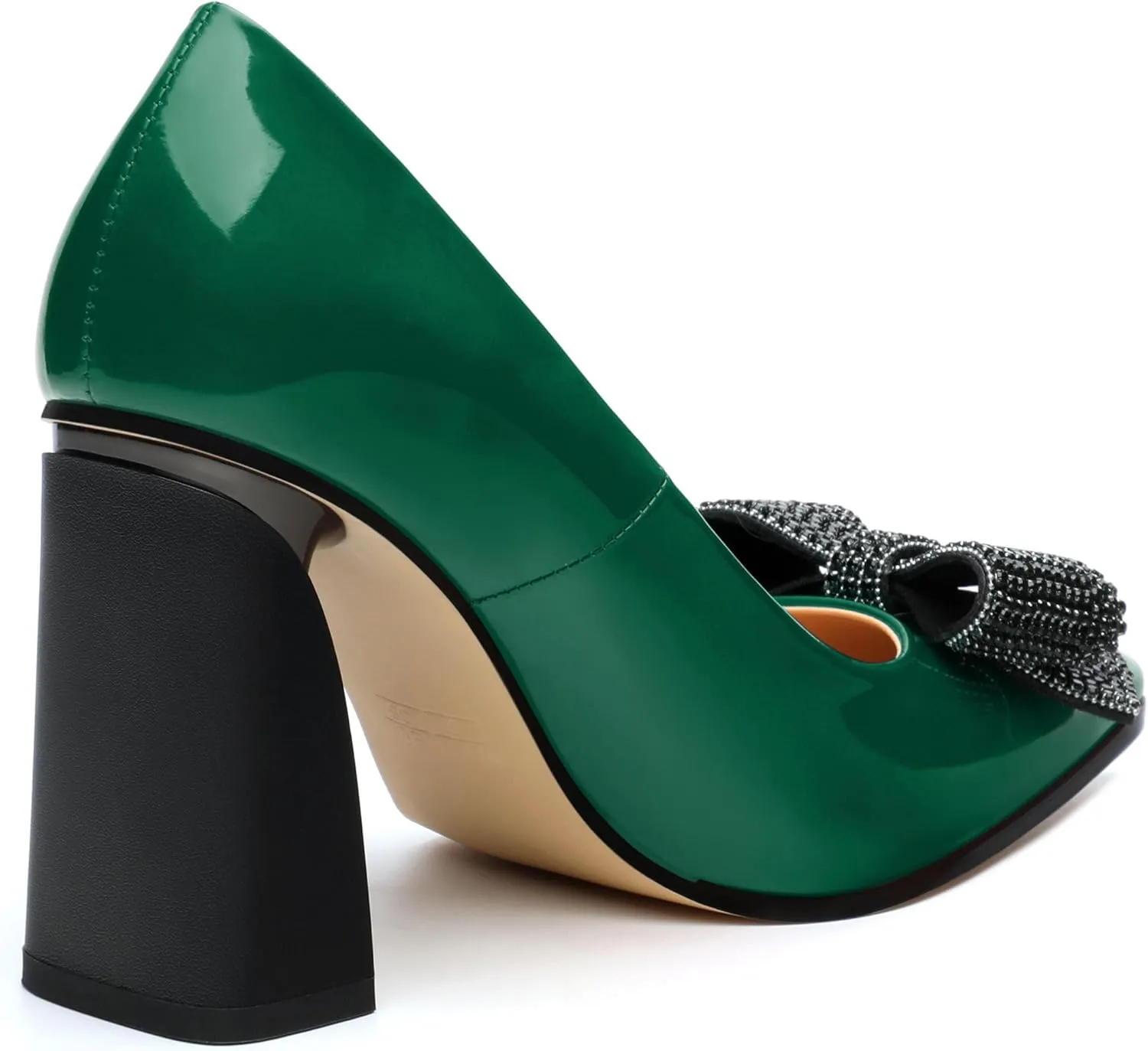 Womens Chunky Block High Heels Patent Closed Pointed Toe Bow Pumps Slip on Heels Wedding Party Dress Shoes 3.5IN