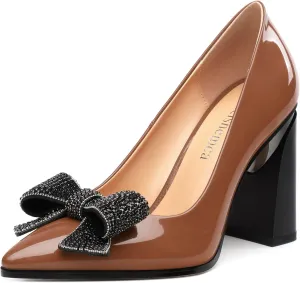 Womens Chunky Block High Heels Patent Closed Pointed Toe Bow Pumps Slip on Heels Wedding Party Dress Shoes 3.5IN