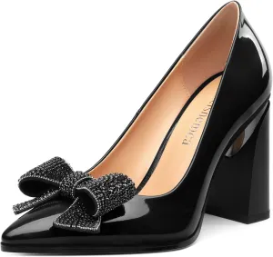 Womens Chunky Block High Heels Patent Closed Pointed Toe Bow Pumps Slip on Heels Wedding Party Dress Shoes 3.5IN